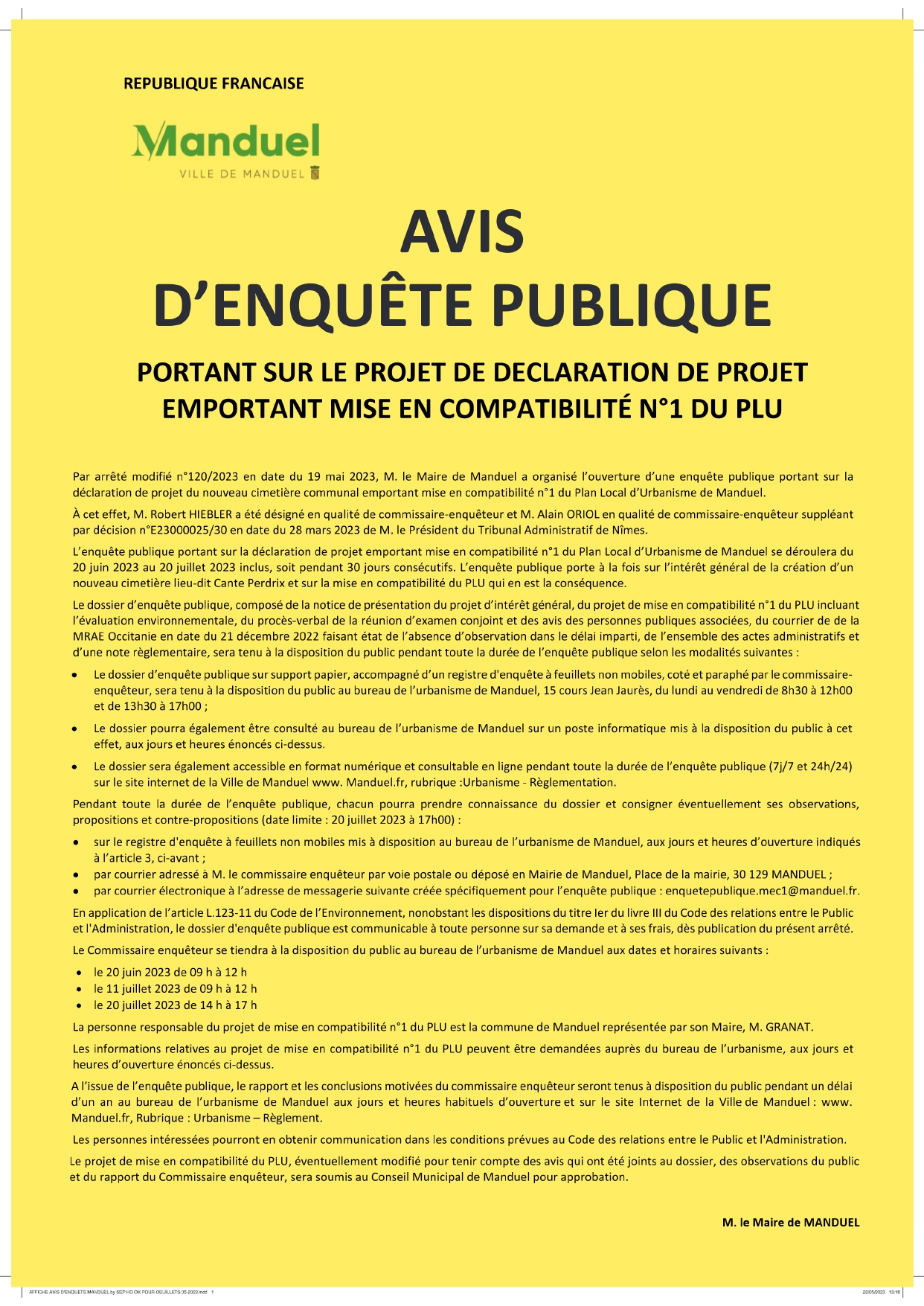 AFFICHE AVIS DENQUETE PLU 20 06 au 20 07 2023 