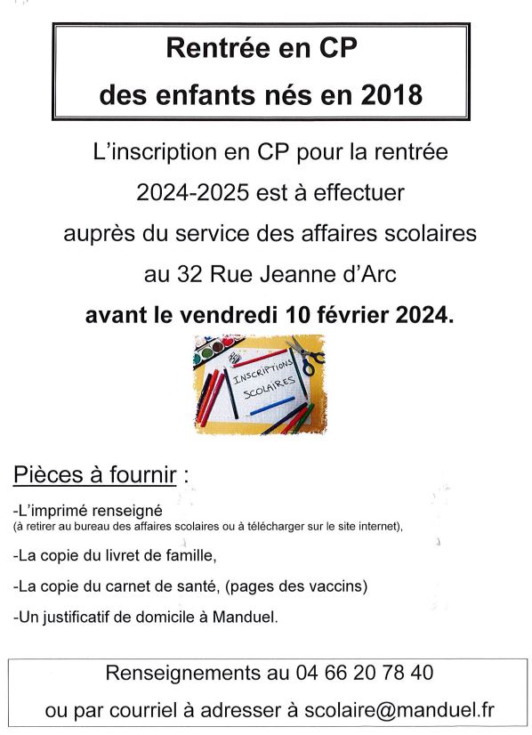 affiche inscription CP enfants nés en 2018