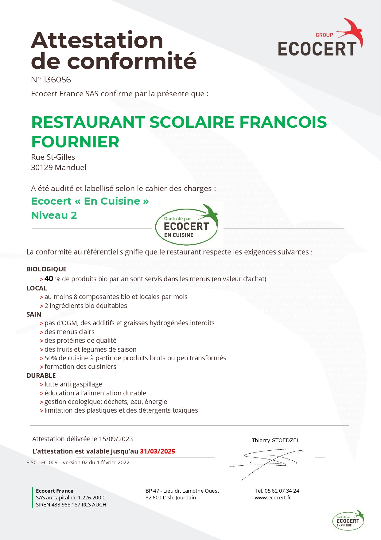 RESTAURANT SCOLAIRE FRANCOIS FOURNIER attestation de conformité niveau 2 nouveau référentiel jusquau 31 03 2025