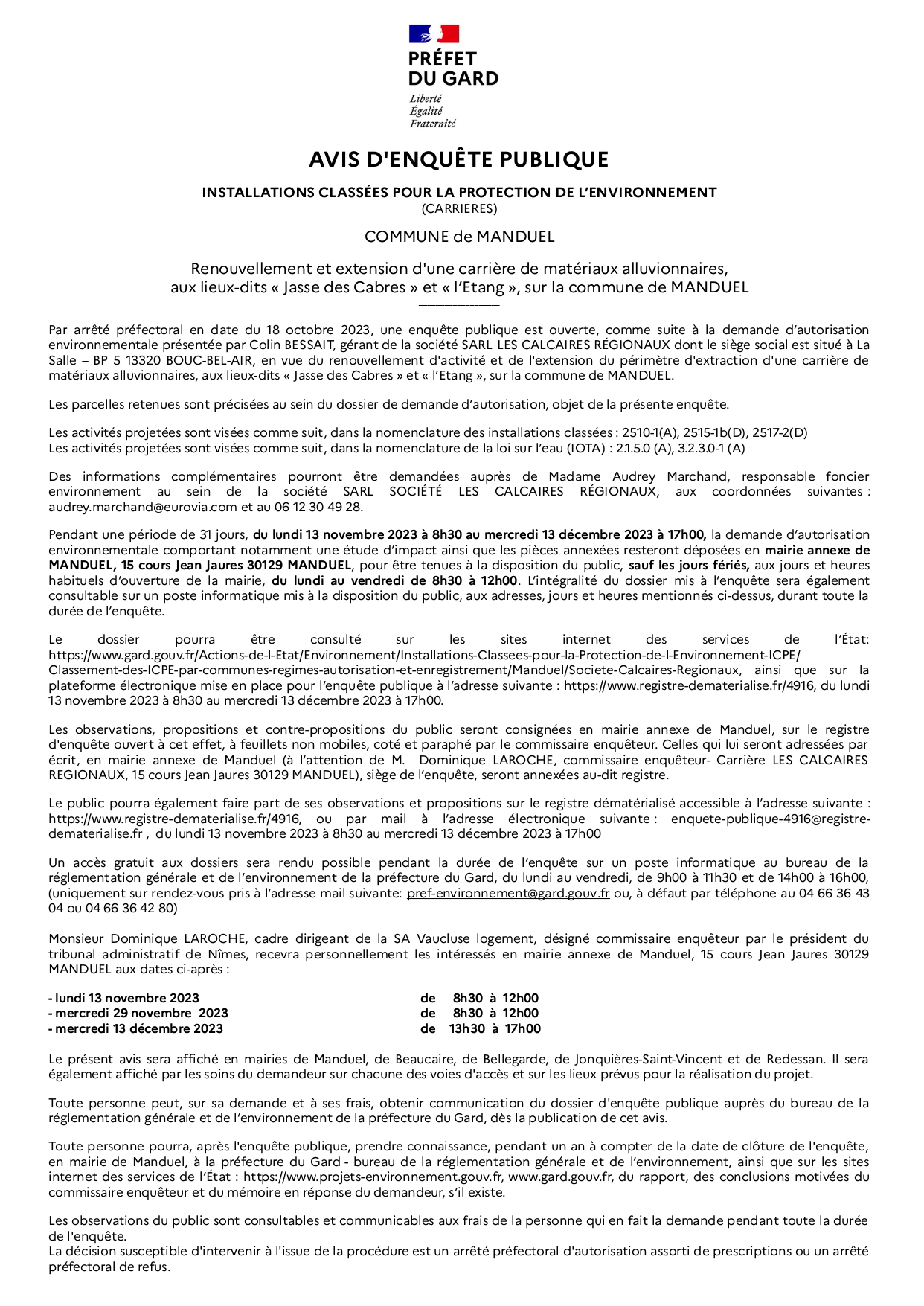 AVIS ENQUETE PUBLIQUE RENOUVELLEMENT EXPLOITATION CARRIERE CALCAIRES REGIONAUX page 0001